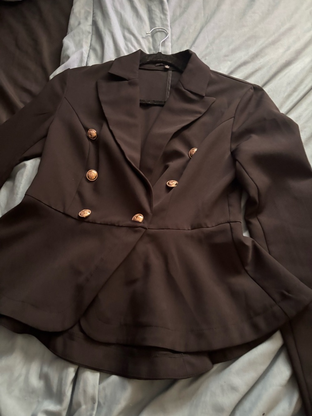 Entry Black Double-Breasted Peplum Blazer with Gold Buttons